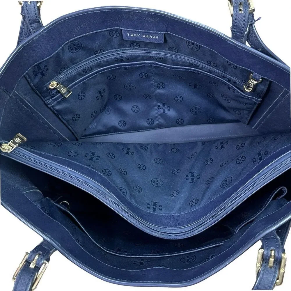 Tory Burch Large Robinson Leather Tote Bag - Navy - 14.5” x 11.25” x 4.5”